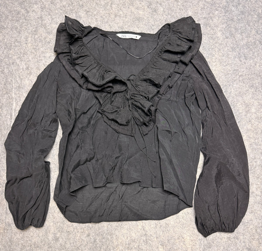ZARA Black Sheer Ruffle V-Neck Tie Front Long Sleeve Blouse Womens Small
